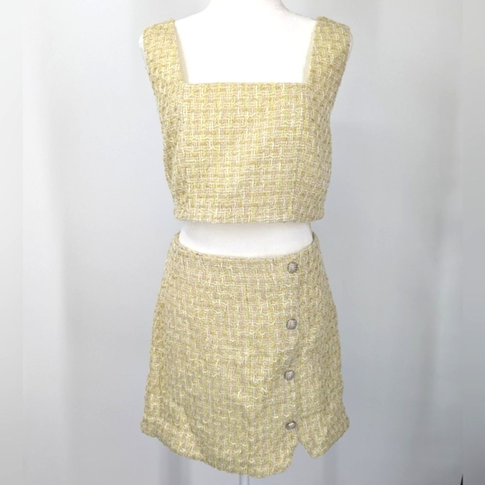 House of Harlow 1960 Margarit Lime Green Tweed Crop Top Mini Skirt Set Large NWT